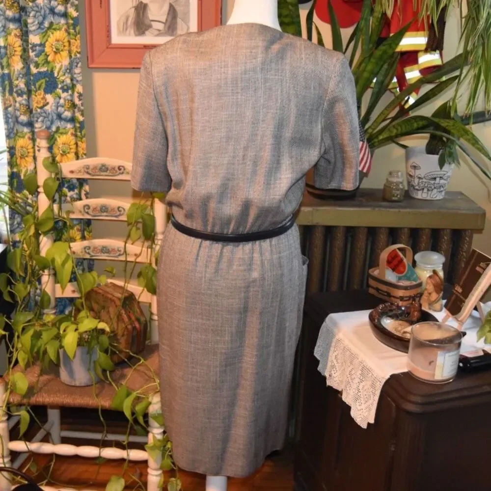 Vintage 80s Does 40s Caron Petite Chicago Power Dress Gray Tweed Size M
